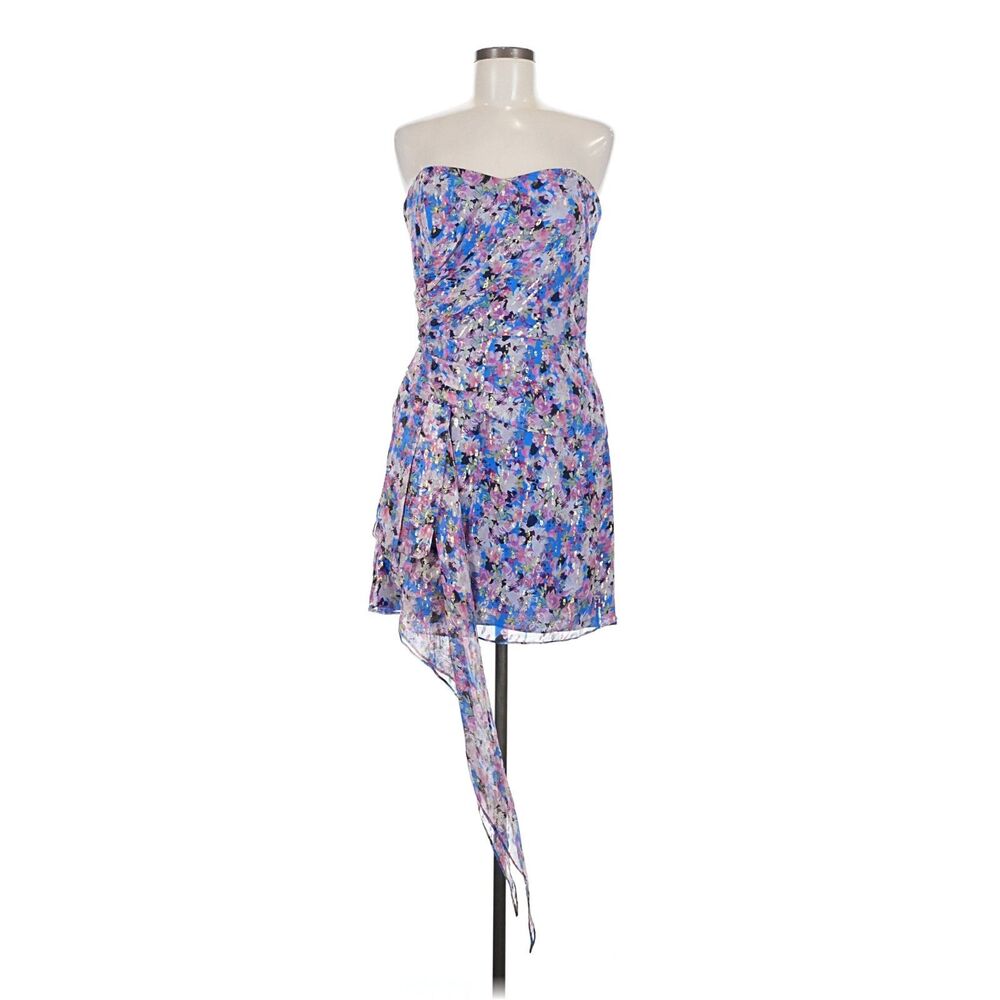 Shoshanna Midnight Silk Gold Yarn Floral Strapless Asymmetrical Mini Dress Sz 12